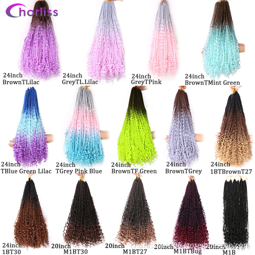 Wholesale Ombre Messy Goddess Boho Braided Bohemian Box Braids With Curls Un-ruly Synthetic Crochet Hair Extension For Woman
